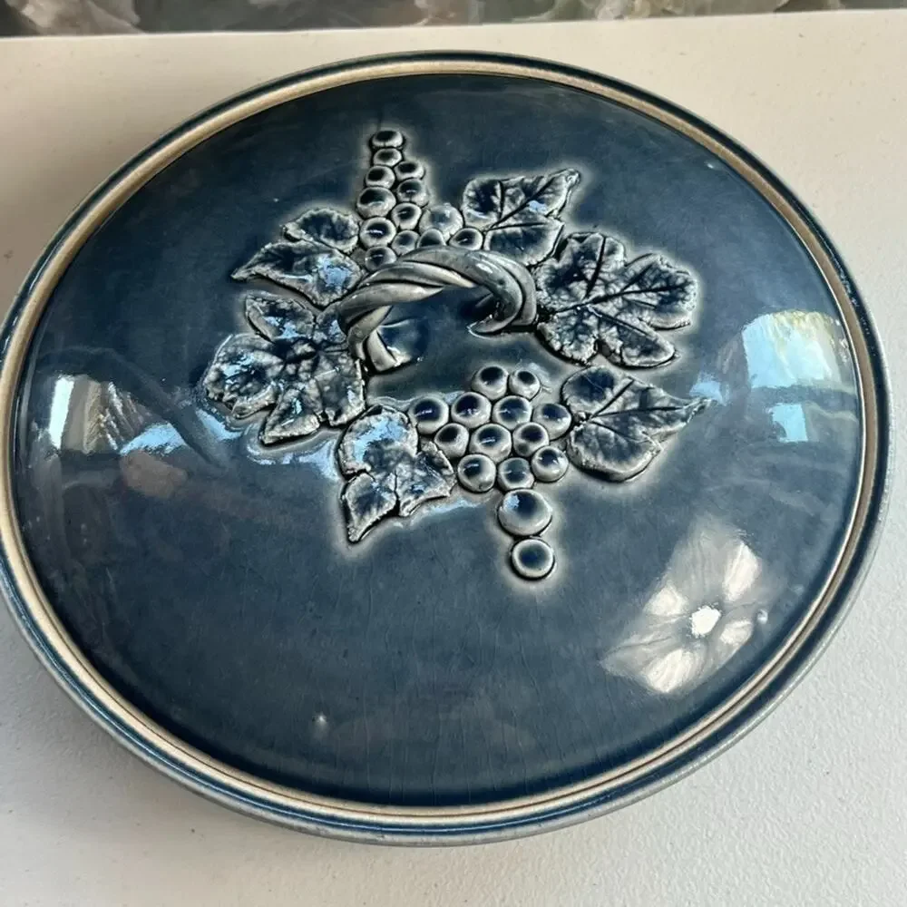 Blue Lidded Pot Casserole Serving Dish Grapes Leaves Handmade & Signed Glazed